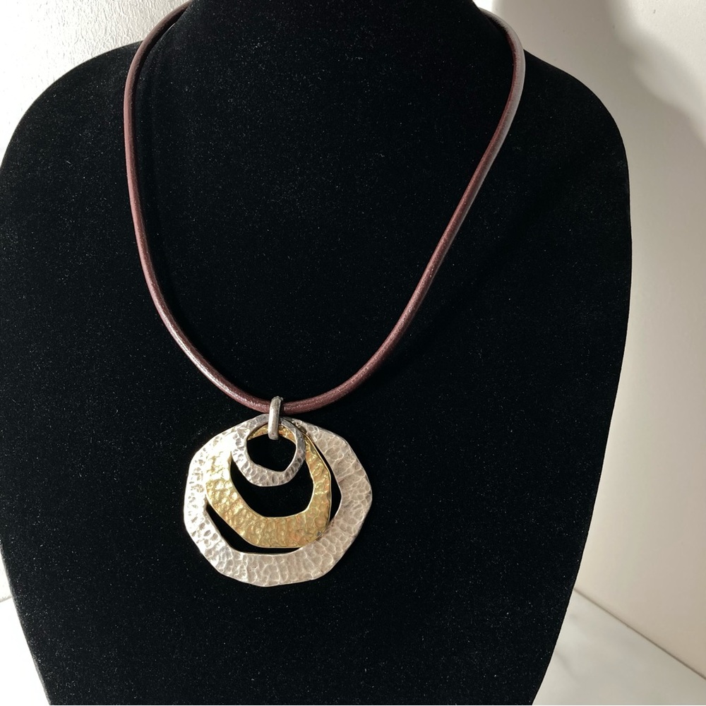 Mixed Metal Hammered Statement Pendant with Brown Cord Leather Necklace